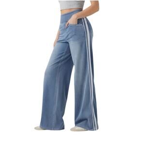 Halara Flex High Waisted Stripe Wide Leg Flowy Washed Jeans Small Petite